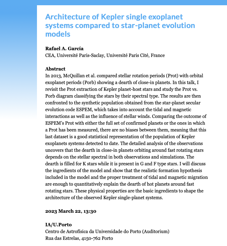 IA Seminar | Architecture of Kepler single exoplanet systems compared to star-planet evolution models | 22 de março às 13:30