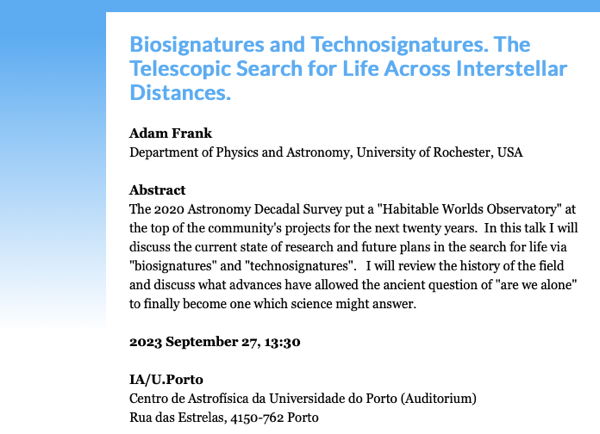 IA Seminar | Biosignatures and Technosignatures. The telescopic fearch for life across interstellar distances