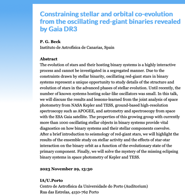 IA Seminar | Constraining stellar and orbital co-evolution from the oscillating red-giant binaries revealed by GAIA DR3 | 29 de novembro às 13:30