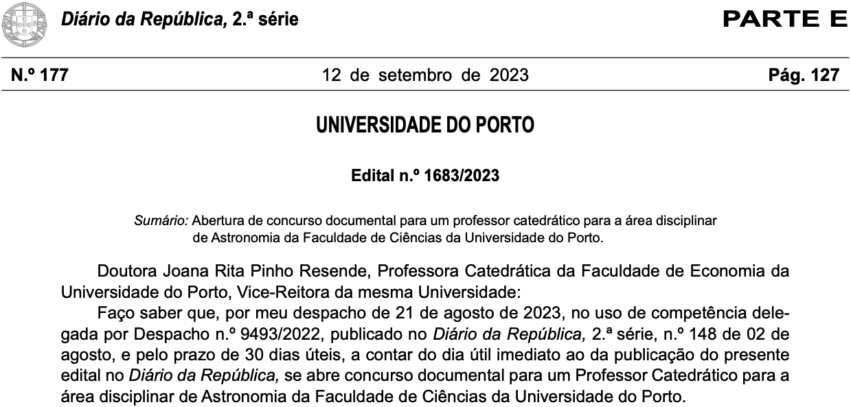 Concurso de recrutamento | Professor Catedrático | Área disciplinar de Astronomia