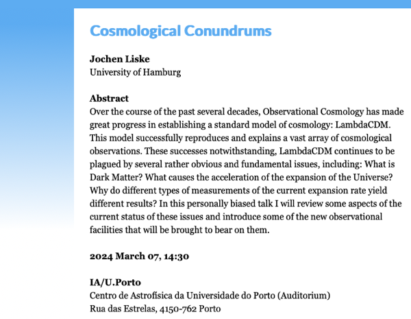 IA Seminar | Cosmological Conundrums | às 14:30 de 7 de Março de 2024