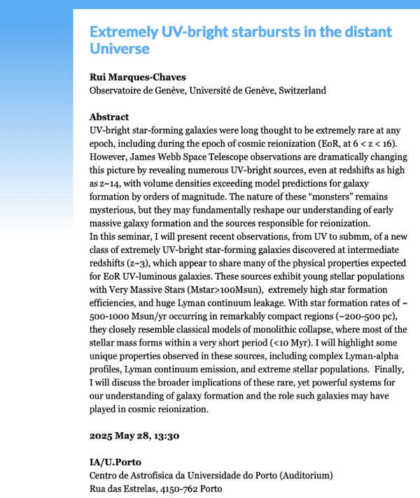 IA Seminar | Extremely UV-bright starbursts in the distant Universe | 29 de maio de 2025 às 13:30