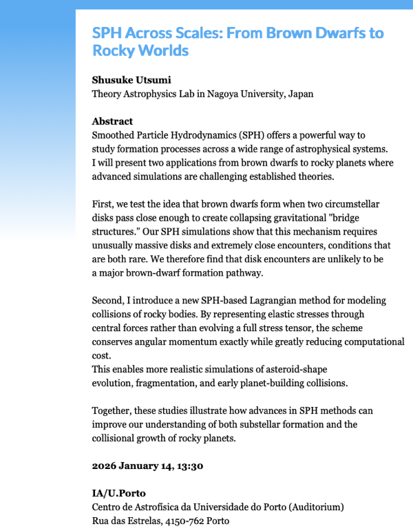 IA Seminar | SPH across scales: from brown dwarfs to rocky worlds | 14 de Janeiro de 2026 às 13:30