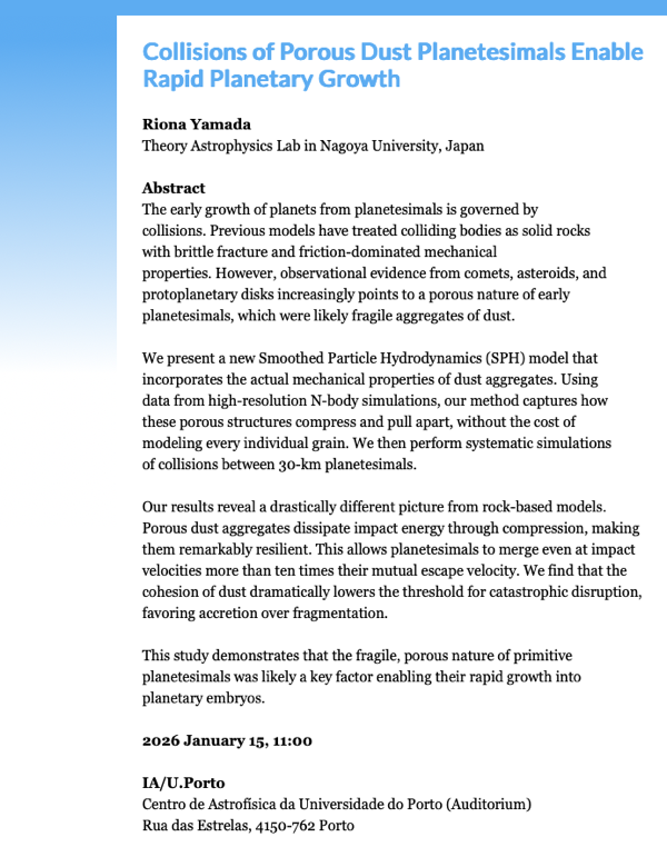 IA Seminar | Collisions of porous dust planetesimals enable rapid planetary growth | 15 de Janeiro de 2026 às 11:00