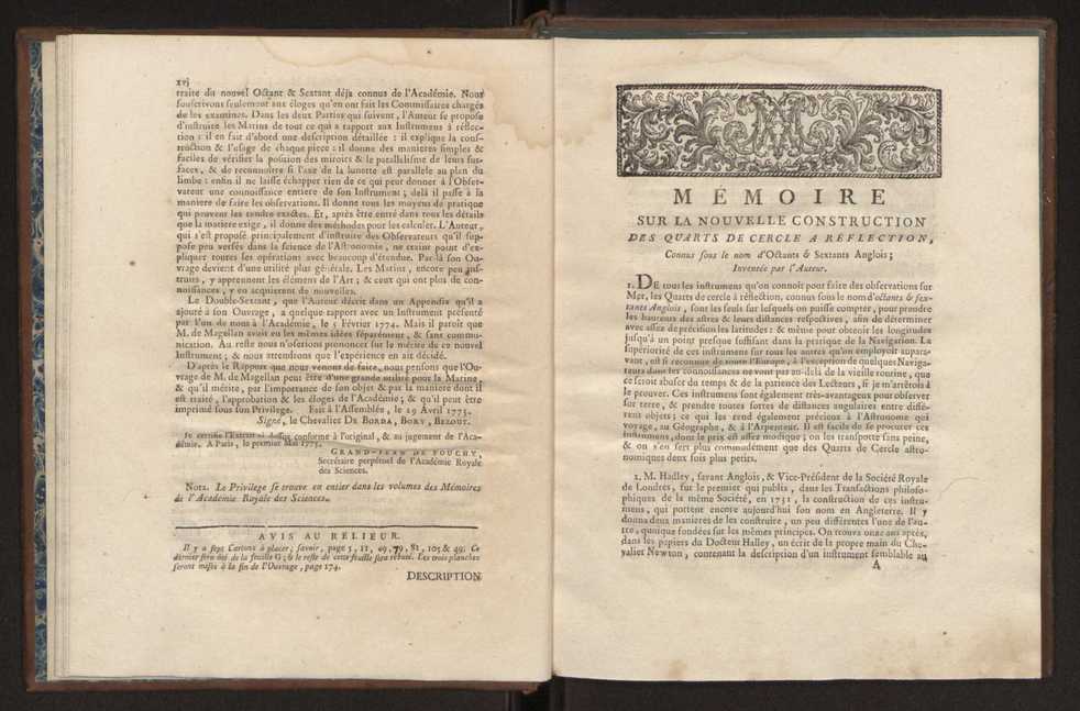 Description des octants et sextants anglois, ou quarts de cercle a reflection, avec la maniere de servir de ces instrumens, pour prendre toutes sortes de distances angulaires, tant sur mer que sur terre : prcde d'un mmoire sur une nouvelle construction de ces instrumens; et suivie d'un appendix, contenant la description et les avantages d'un double-sextant nouveau 11