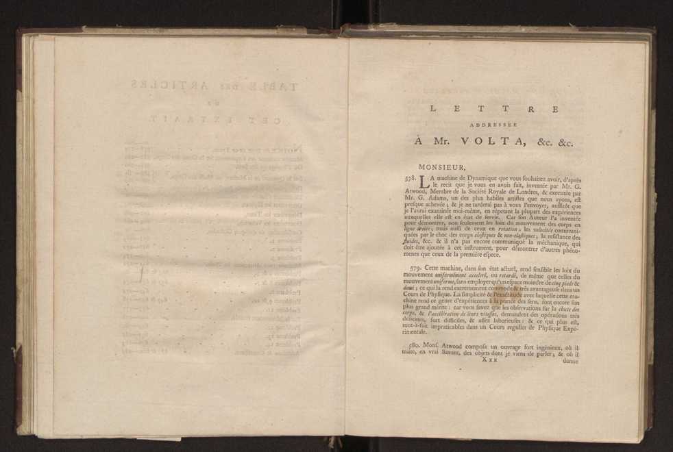 Description d'une machine nouvelle de dynamique, invente par Mr. G. Atwood... on rend trs aisment sensibles les loix du mouvement des corps en ligne droite, et en rotation, les velocits communiques par le choc des corps elastiques et non-elastiques, la resistance des fluides, etc. : avec un prcis des expriences rlatives  la premiere espece de mouvement, et la maniere de les executer, etc., dans une lettre adresse  Monsieur Volta 3