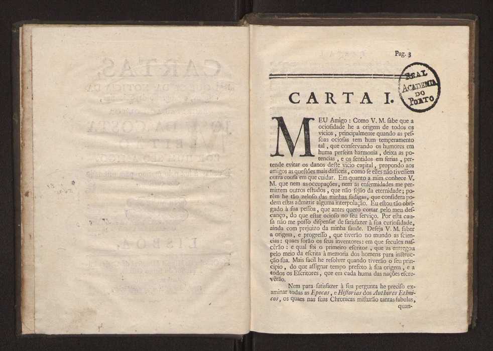 Cartas, em que se d notcia da origem, e progresso das sciencias, escritas ao doutor Jos da Costa Leito por hum seu amigo, e dadas  luz pelo mesmo para utilidade dos curiosos 3