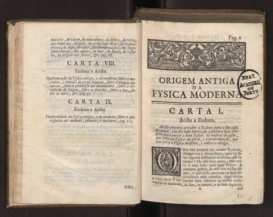 Origem antiga da fysica moderna : em que se v pelos discursos de diversas cartas o que a Fysica moderna tem de comum com a antiga ; o grau de perfeio da Fysica moderna sobre a antiga e os meios que tem levado a Fysica a este gro de perfeio. Vol. 1 19