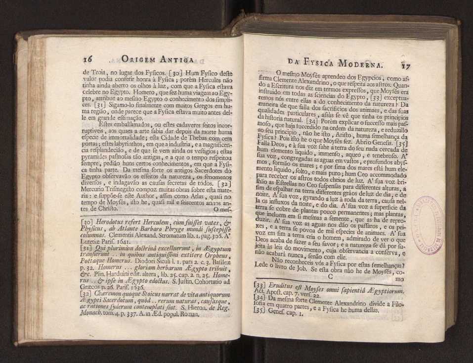 Origem antiga da fysica moderna : em que se v pelos discursos de diversas cartas o que a Fysica moderna tem de comum com a antiga ; o grau de perfeio da Fysica moderna sobre a antiga e os meios que tem levado a Fysica a este gro de perfeio. Vol. 1 27