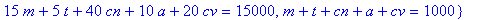 eqs := {3*m+6*t+3*cn+2*a+4*cv = 4000, 5*m+30*t+10*c...